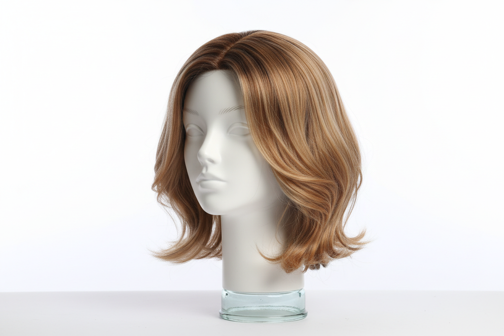 Peluca sintética de alta calidad sobre maniquí con fondo blanco